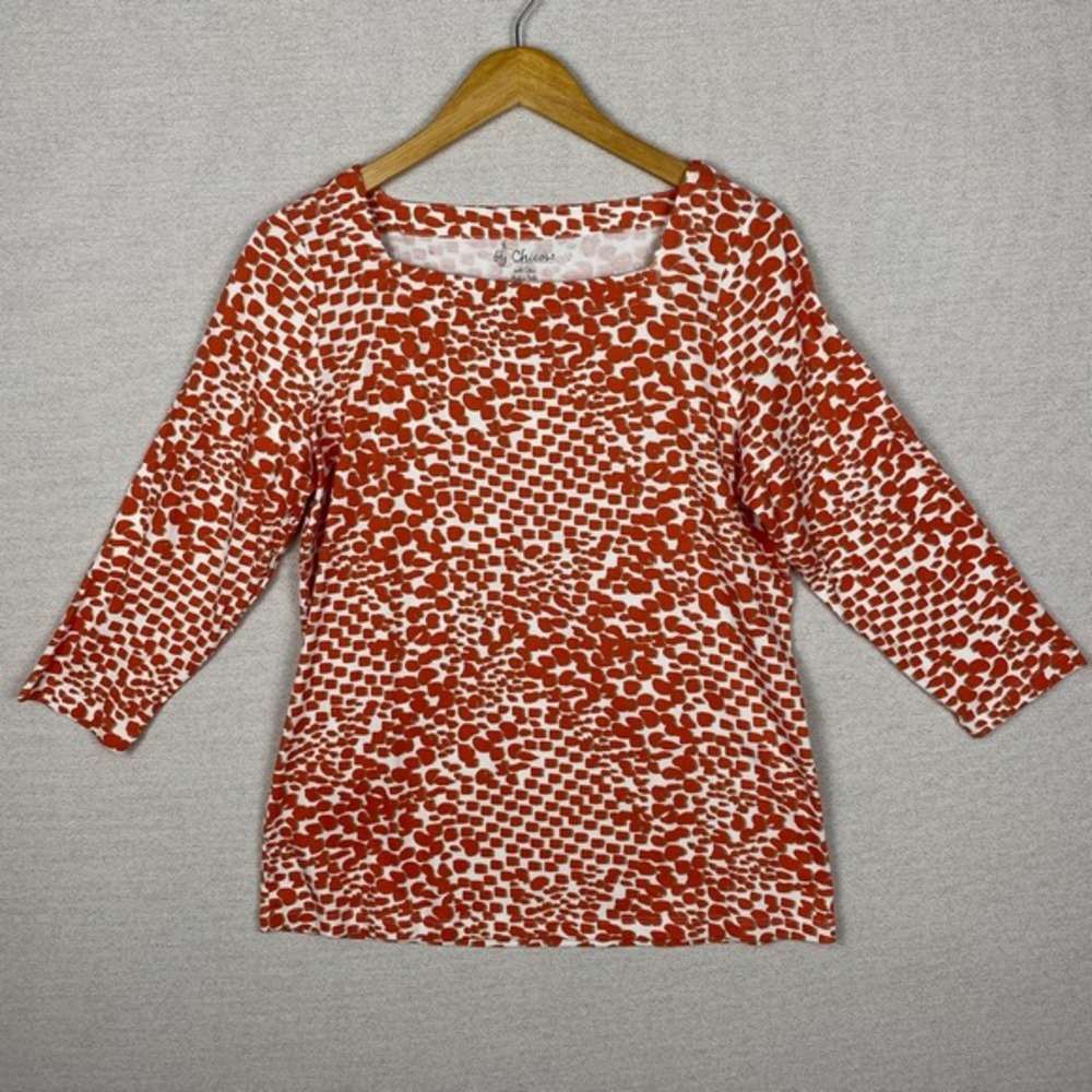 Chicos Top Womens 2/L J Geo Leopard Square Neck 3/4 Sleeve Knit Spiced Sienna